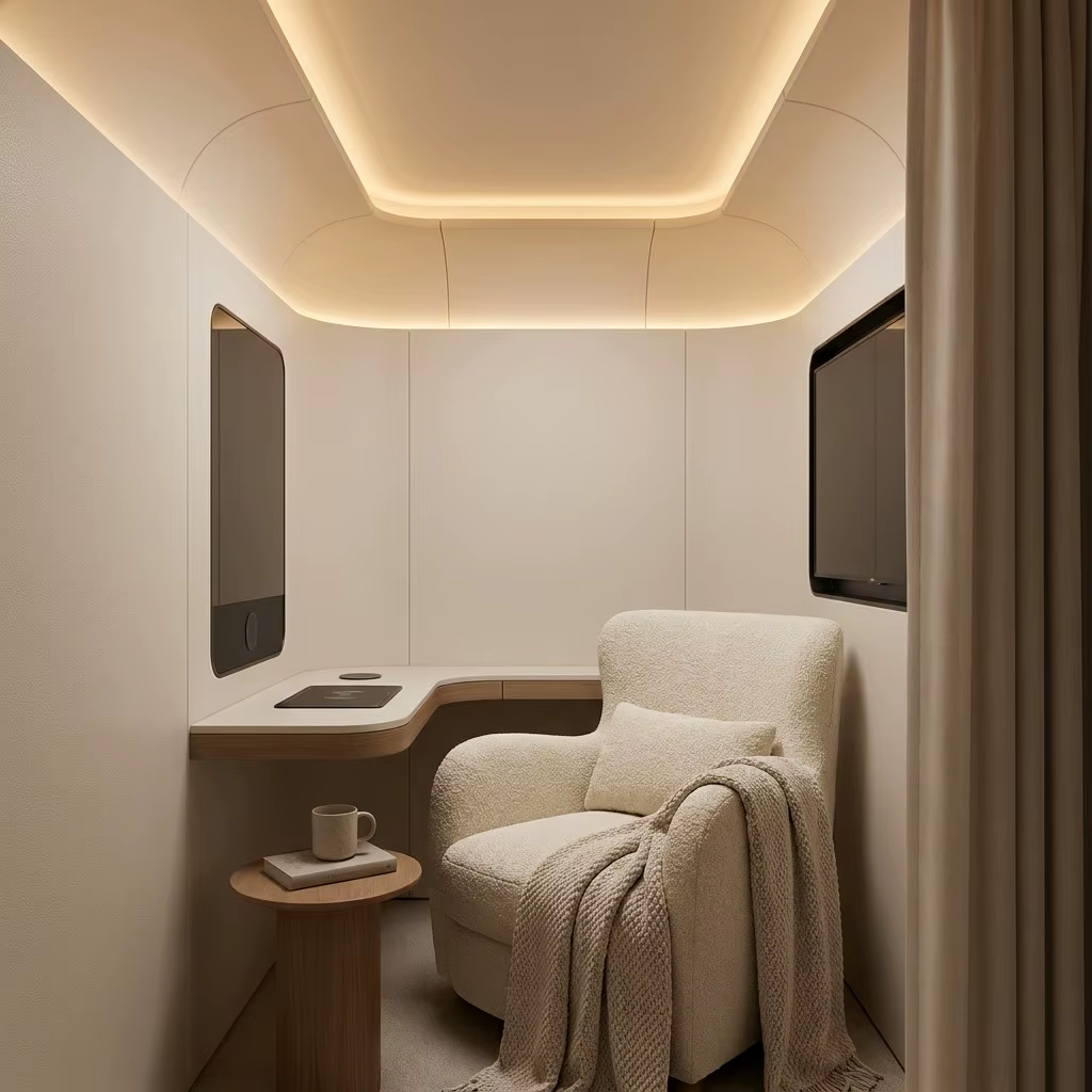Lactation pod interior application reference with private chair and side desk