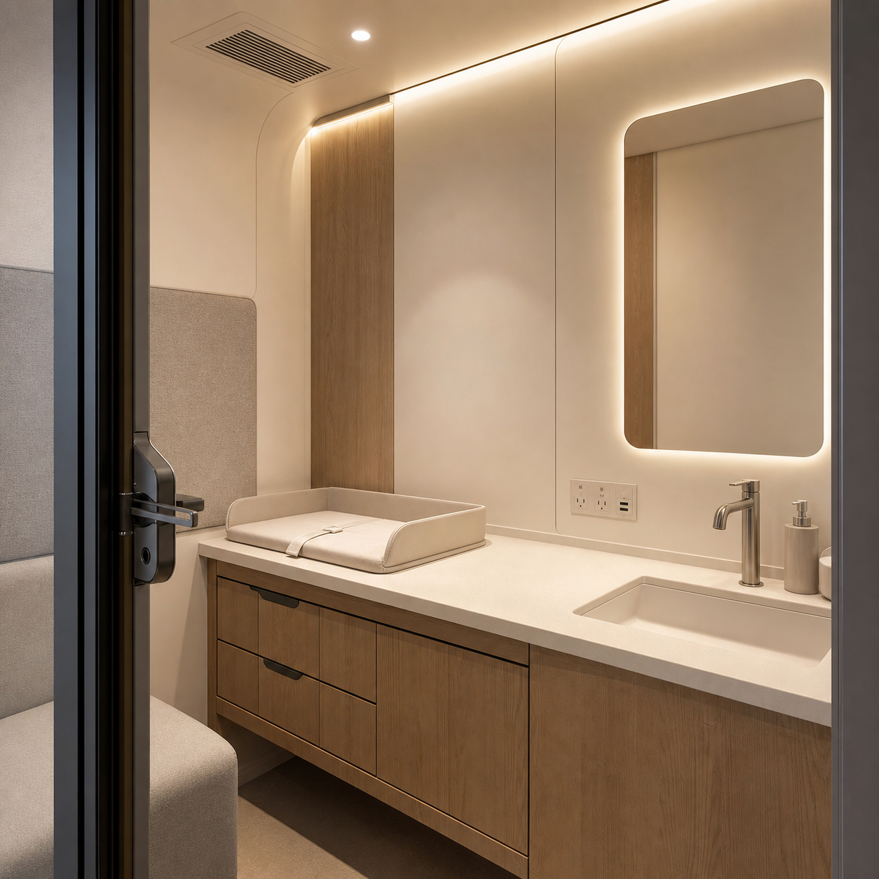 Lactation pod sink changing table and interior planning detail