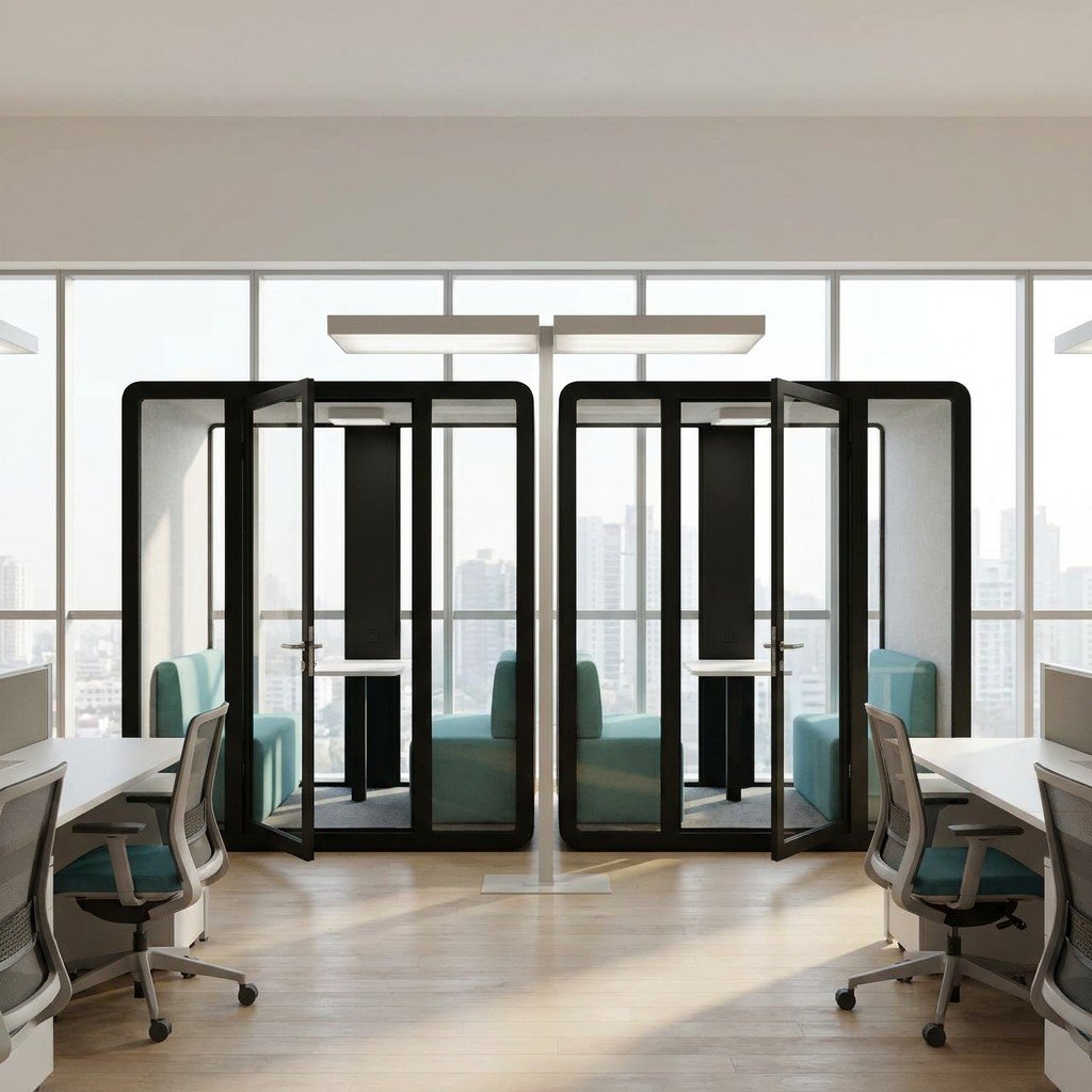 Two glazed meeting pods with open doors, internal tables and upholstered seats beside open-plan desks