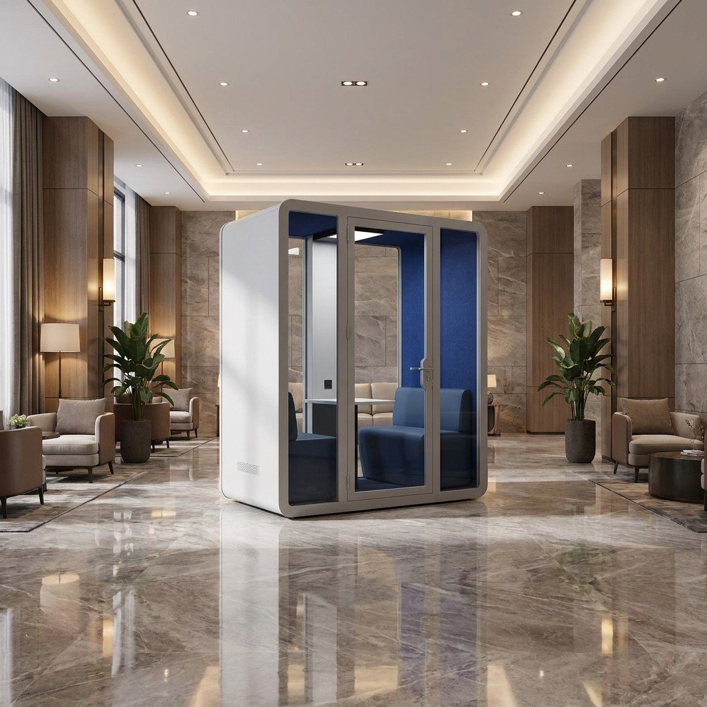 White meeting pod with a glazed front and blue interior in a lobby-style setting