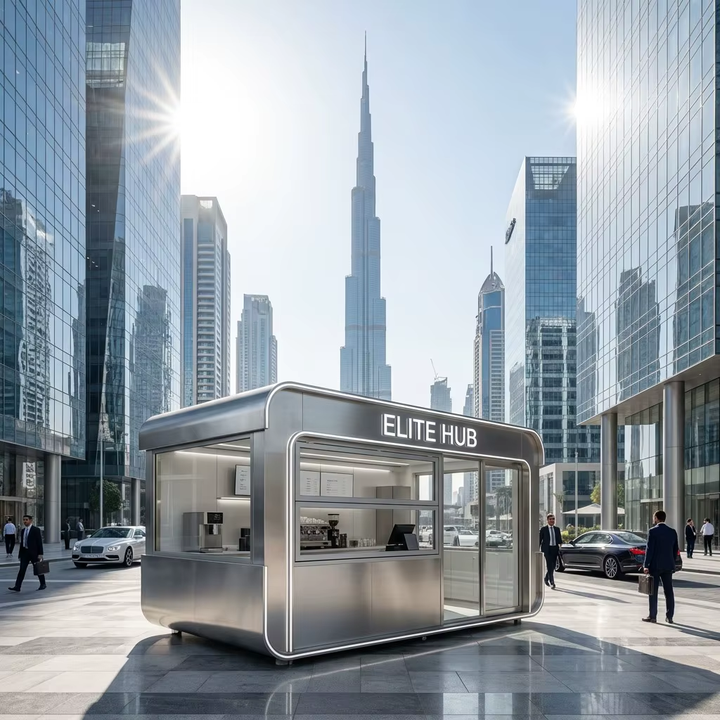 Outdoor commercial kiosk in city plaza