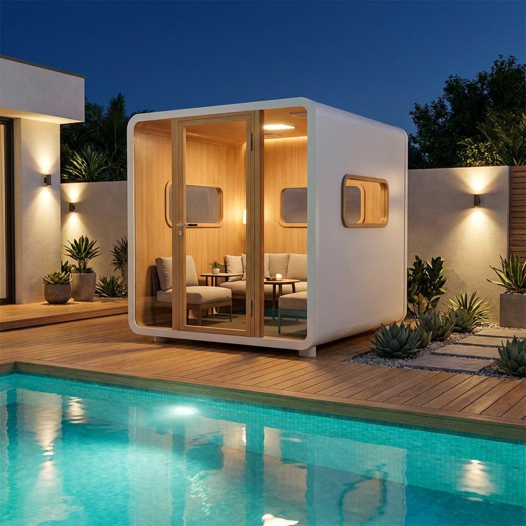 Outdoor garden pod poolside