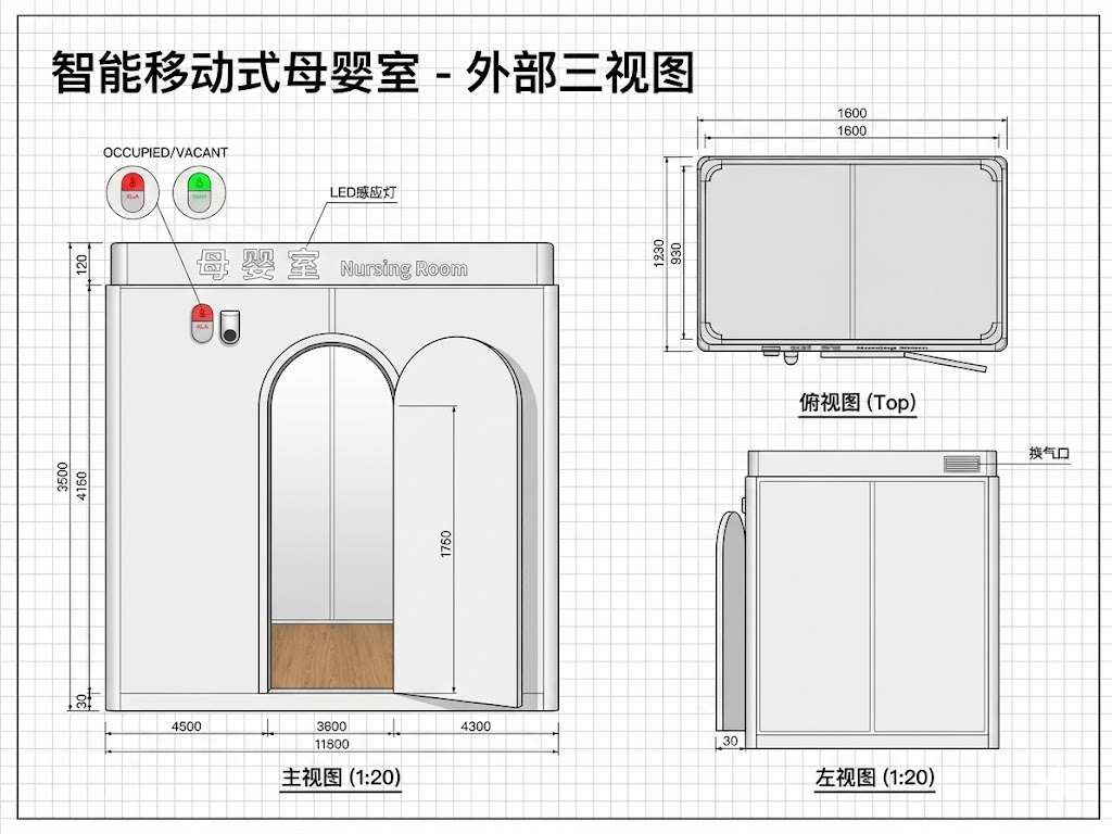 Lactation pod exterior technical drawing