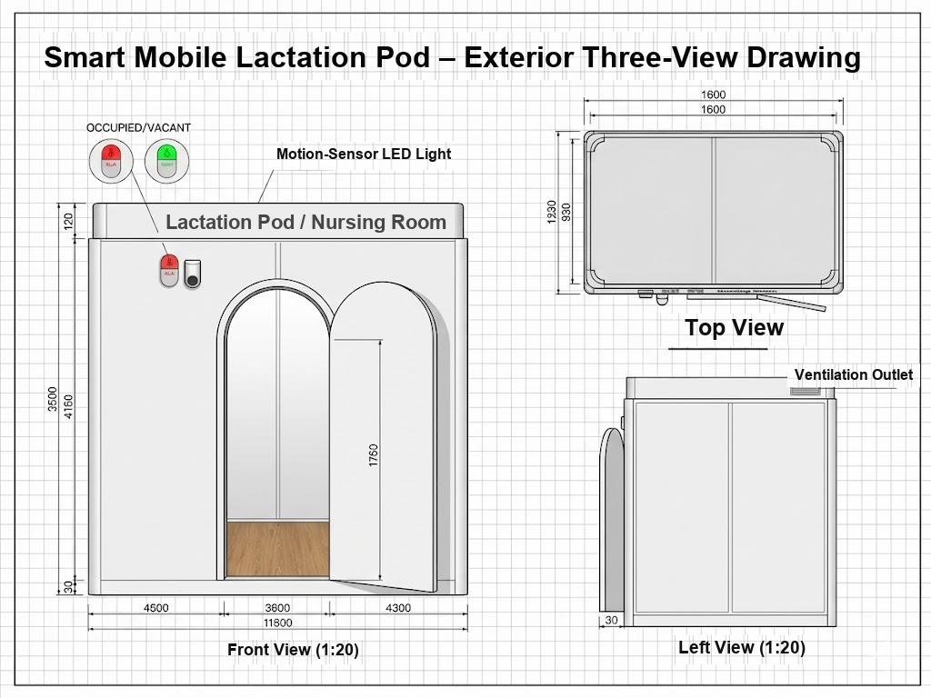 Exterior three-view drawing of a MobileX lactation pod