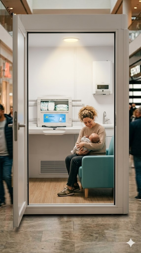 Lactation pod with public-space door and interior view