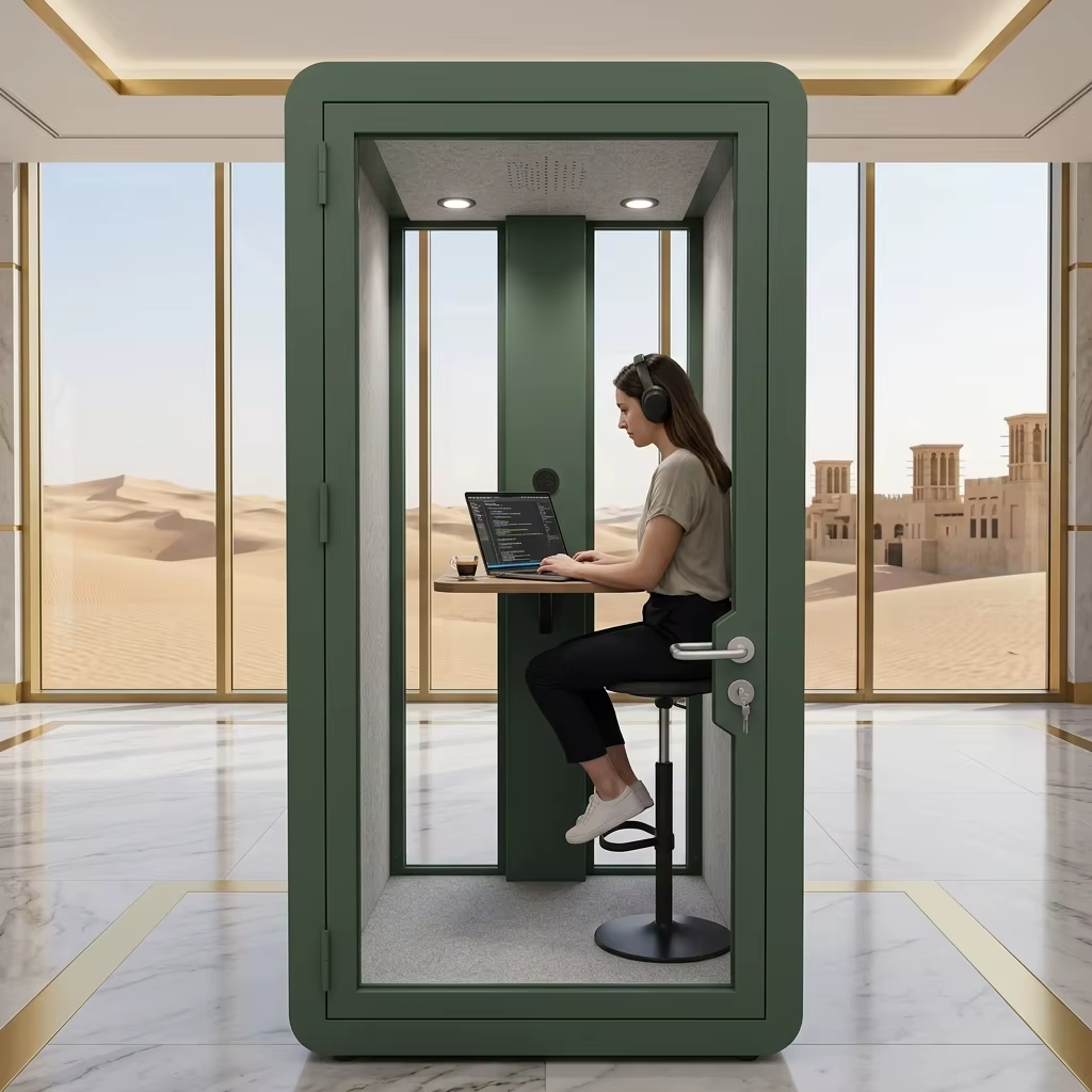 AI visualization of a seated laptop user wearing headphones inside a green office pod