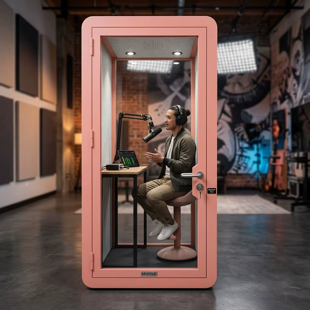 MobileX product-scenario visualization of one seated speaker and a microphone in an enclosed workspace