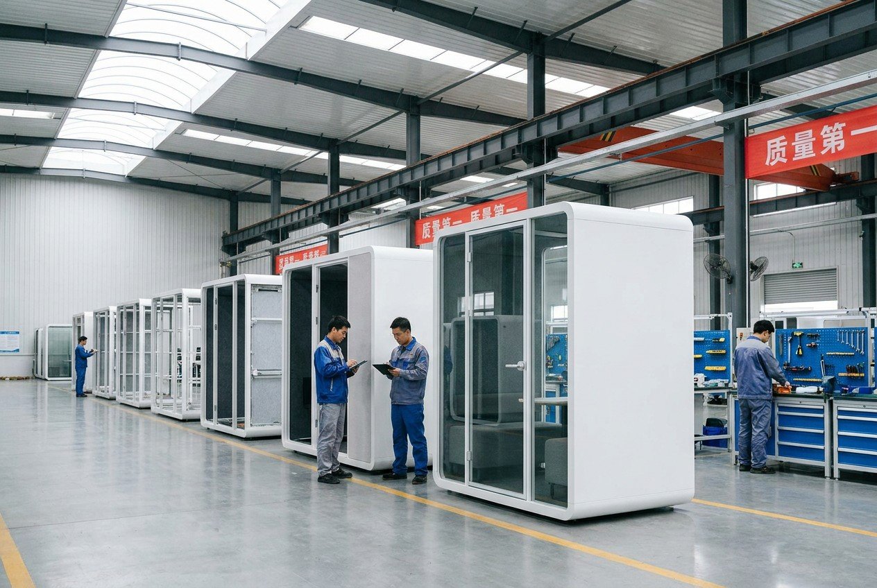 MobileX POD office pod factory assembly line
