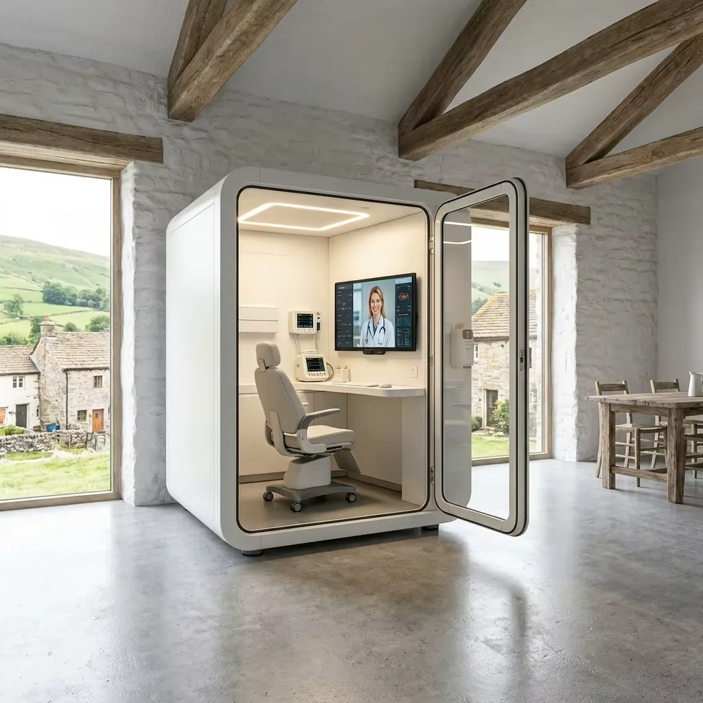Concept rendering of an open-door consultation pod with a chair, desk and wall-mounted screen