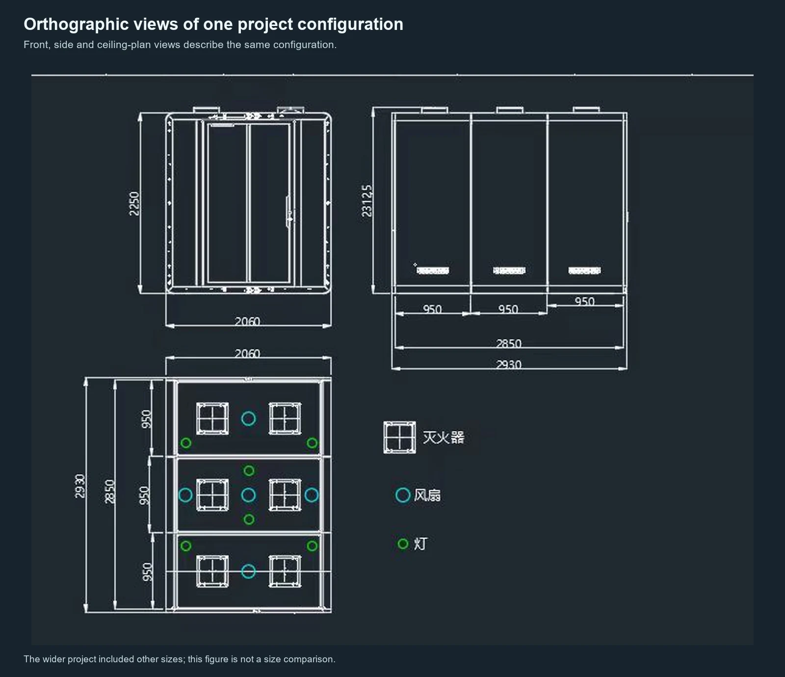 Orthographic front, side and ceiling-plan views of one office pod project configuration
