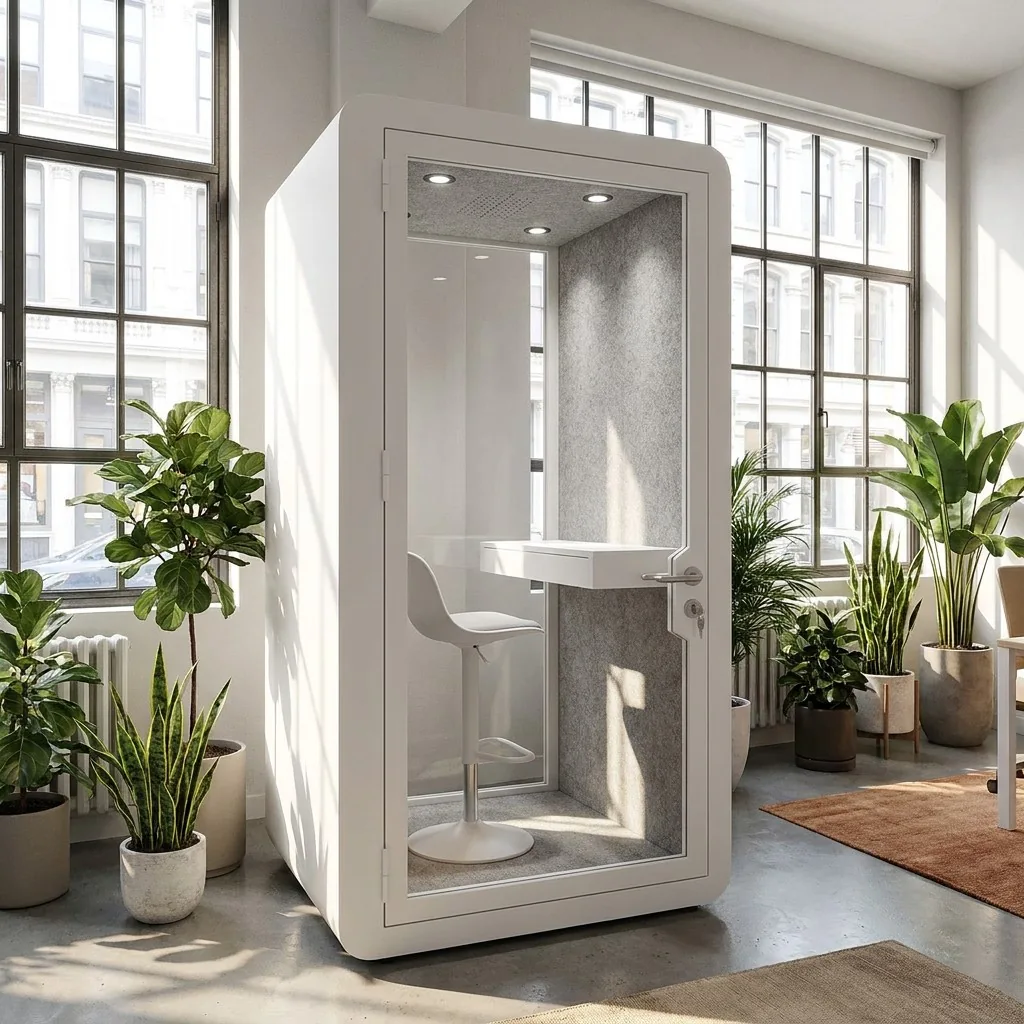 White indoor pod with a glazed door, compact desk and stool beside tall windows
