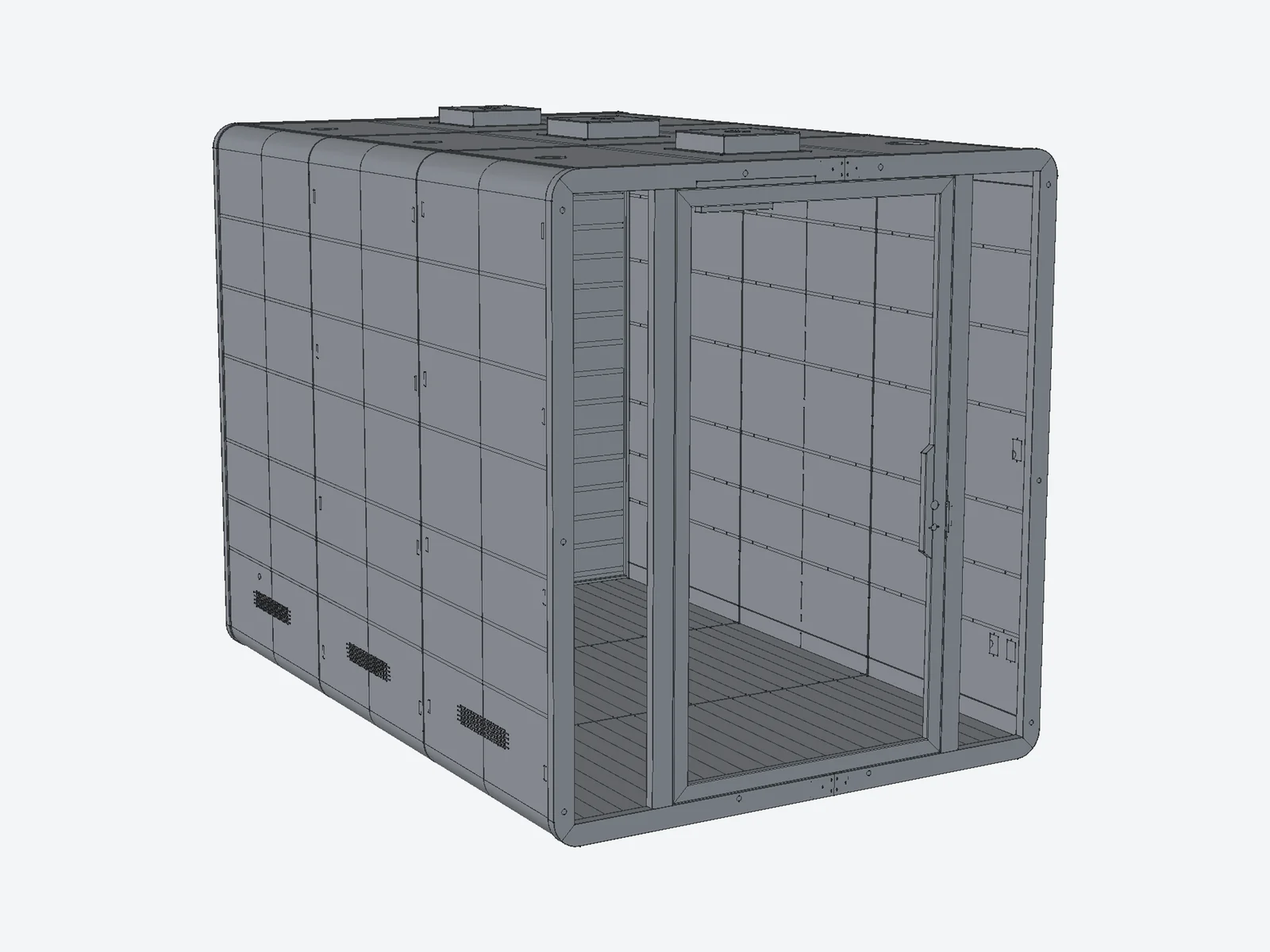 Customer-approved CAD model of a custom acoustic pod entrance frame and unfinished shell