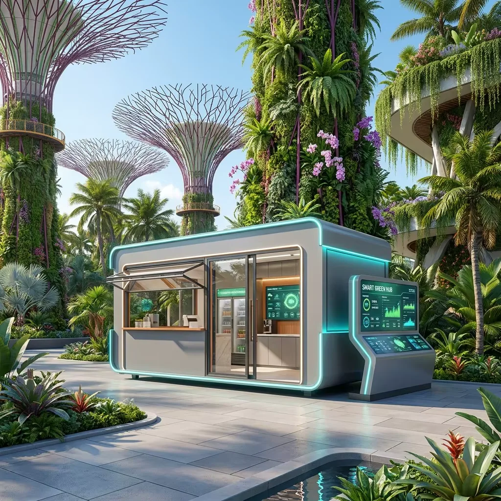 Concept kiosk with a service counter, glazed entrance and an external screen