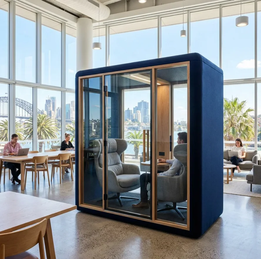 Blue meeting booth reference with a glazed door, facing seats and a small table