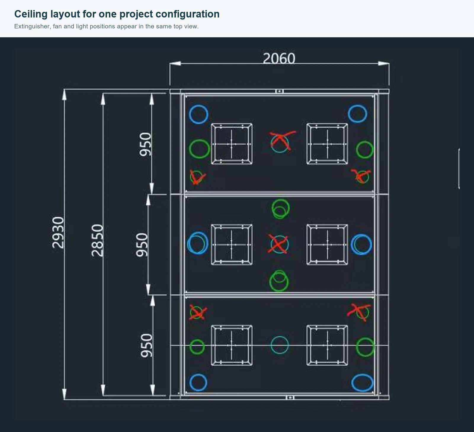 Office pod ceiling drawing coordinating extinguisher, fan and light positions