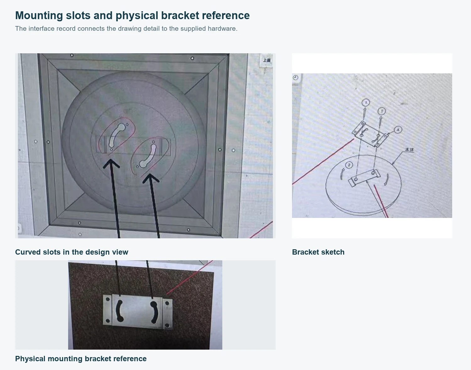 Design record showing curved mounting slots, a bracket sketch and the physical mounting bracket