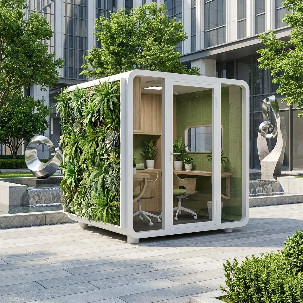 White glazed enclosure with a planted side panel beside a paved courtyard and neighboring buildings