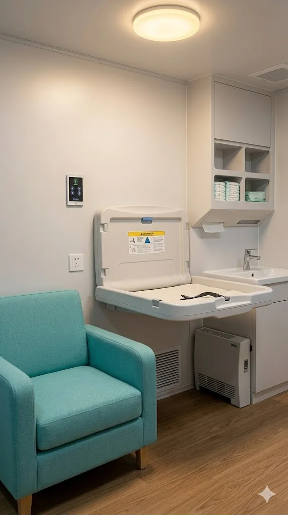 Concept private-space interior with a turquoise seat, fold-down changing surface and storage
