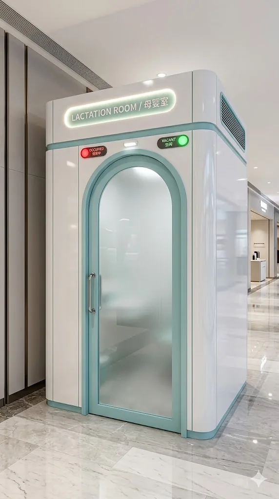 Concept freestanding lactation space with a glazed entrance beside an indoor passage