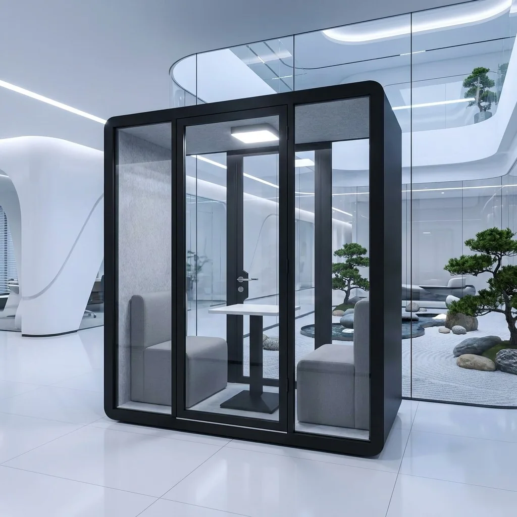 Dark pod frame with rounded front corners, straight tabletop and two seats