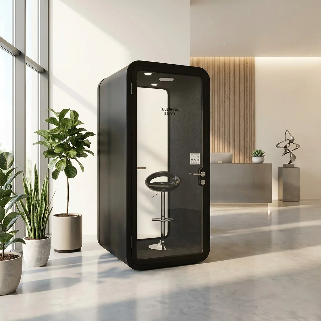 Single-person pod with glazed door and a stool beside a reception area