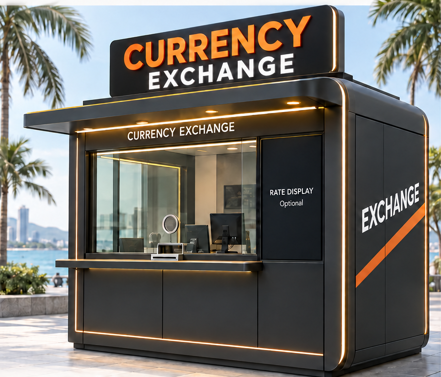MobileX currency exchange kiosk concept rendering with black and orange exterior, service glazing, handover counter and optional rate-display area