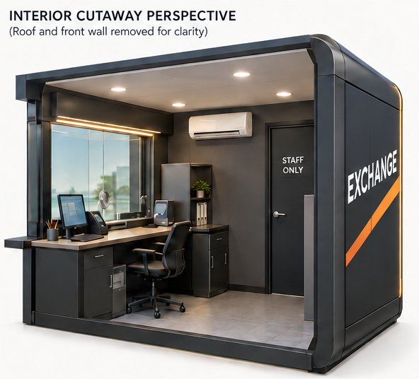 MobileX currency exchange kiosk interior cutaway concept rendering showing a work counter, chair, cabinets and staff door