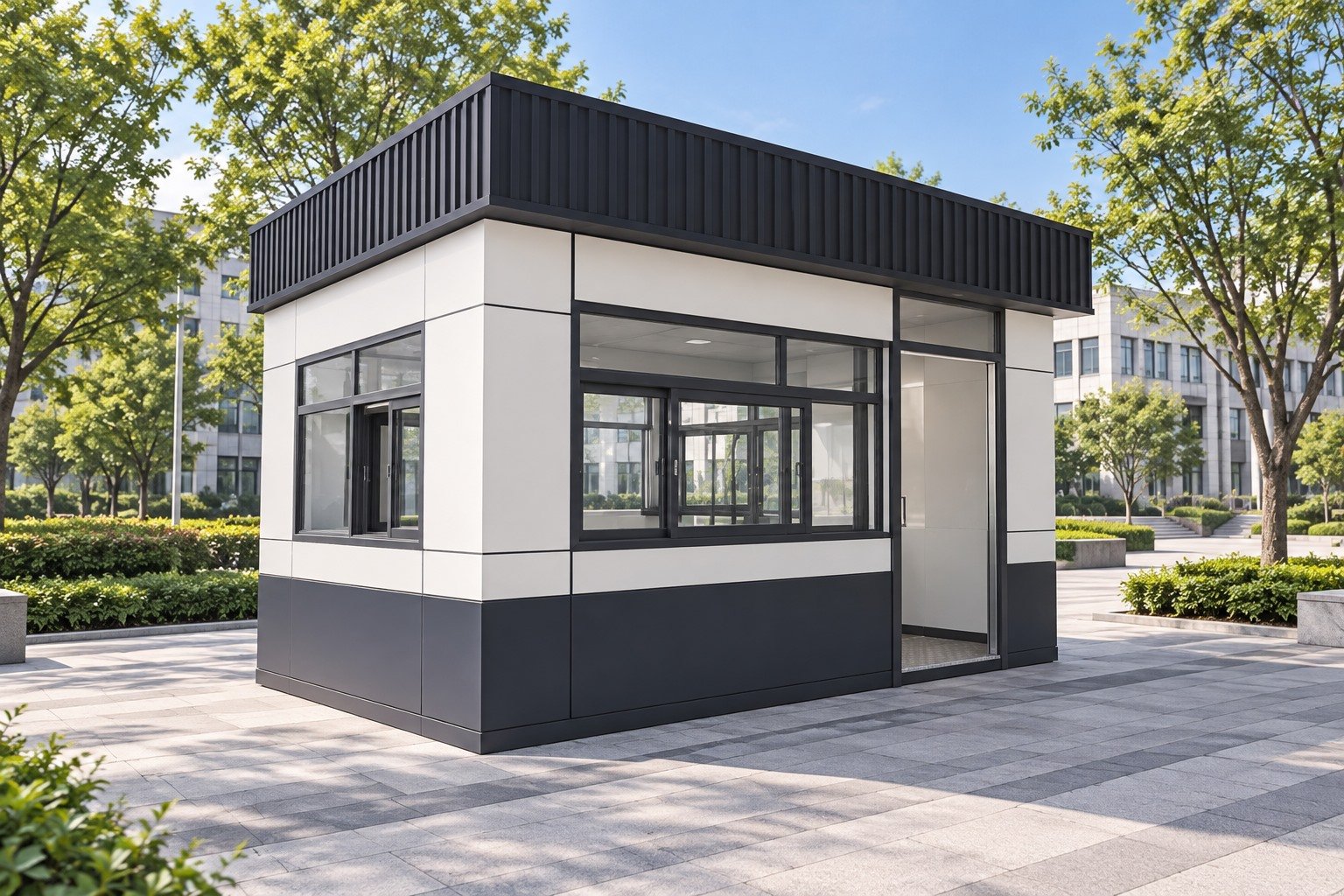 AI scenario visualization of a MobileX white and black service booth with windows and an entrance