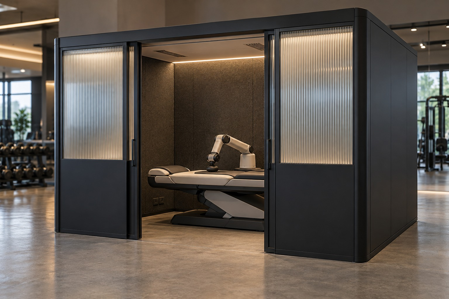 Concept illustration of a private enclosure containing an illustrative massage bed and robotic arm
