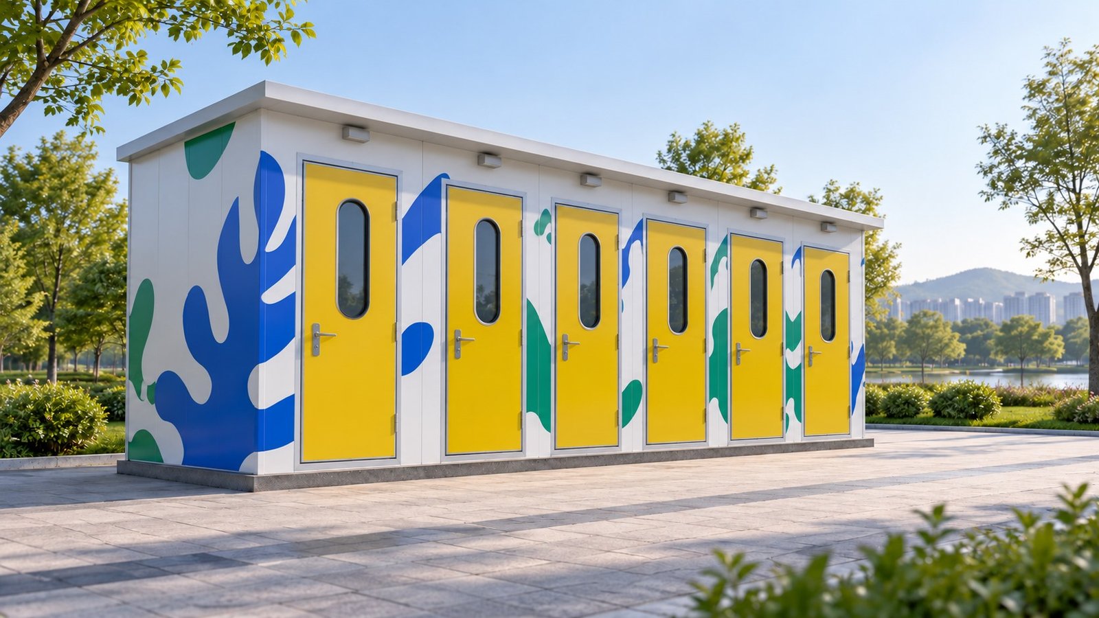 AI scenario visualization of a MobileX product-reference toilet enclosure with a row of yellow exterior doors