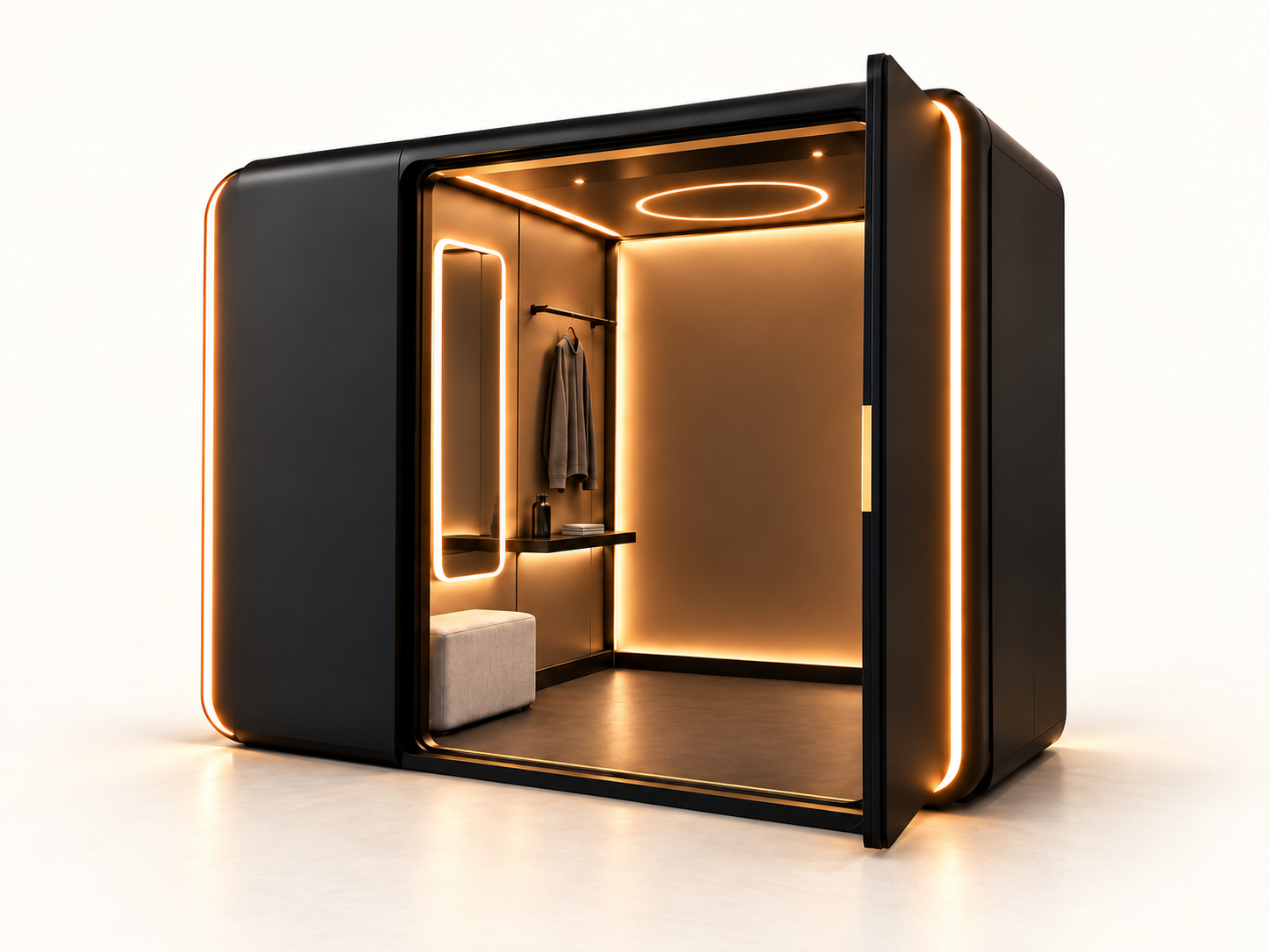 AI-edited planning concept of a black enclosure with orange lighting, a bench, mirror, shelf, clothing rail and open floor area
